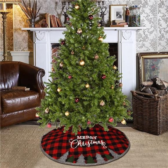 32 Inch Christmas Tree Skirt, Soft Red and Black Plaid Christmas Tree Mat - Picture 8 of 8